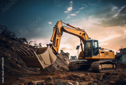 Excavator works on a construction site during excavation work against a blue sky background. Open pit development for sand extraction photo