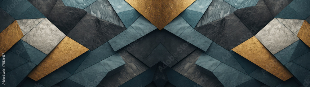 Closeup of geometric squares and polygon wall pattern in different grey golden turquoise tones with 3d effect, modern design, background web business texture Closeup of geometric squares and polygon wall pattern in different grey golden turquoise tones with 3d effect, modern design, background web business texture