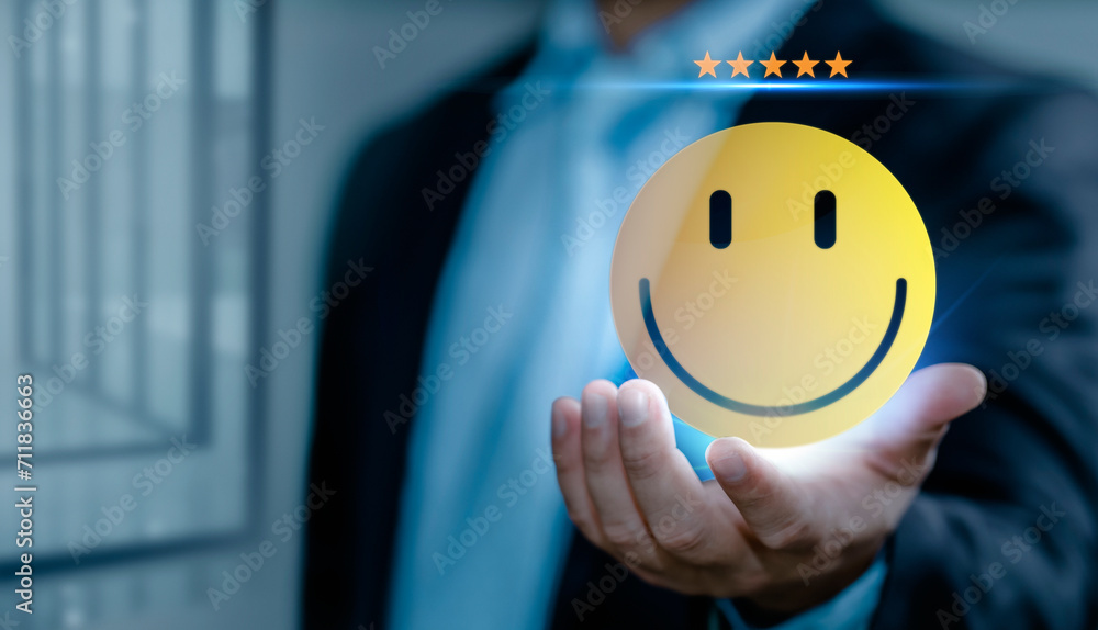 Customer review good rating concept, customer review by smile face icon and five star feedback level selected, positive customer feedback testimonial. - obrazy, fototapety, plakaty 