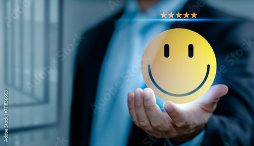 Customer review good rating concept, customer review by smile face icon and five star feedback level selected, positive customer feedback testimonial.
