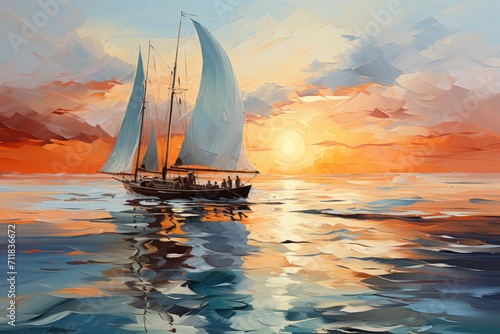 A stunning painting captures the serene beauty of a sailboat gliding through the sparkling waters at sunset, with its majestic mast and billowing sails creating a sense of peaceful transport through  © familymedia