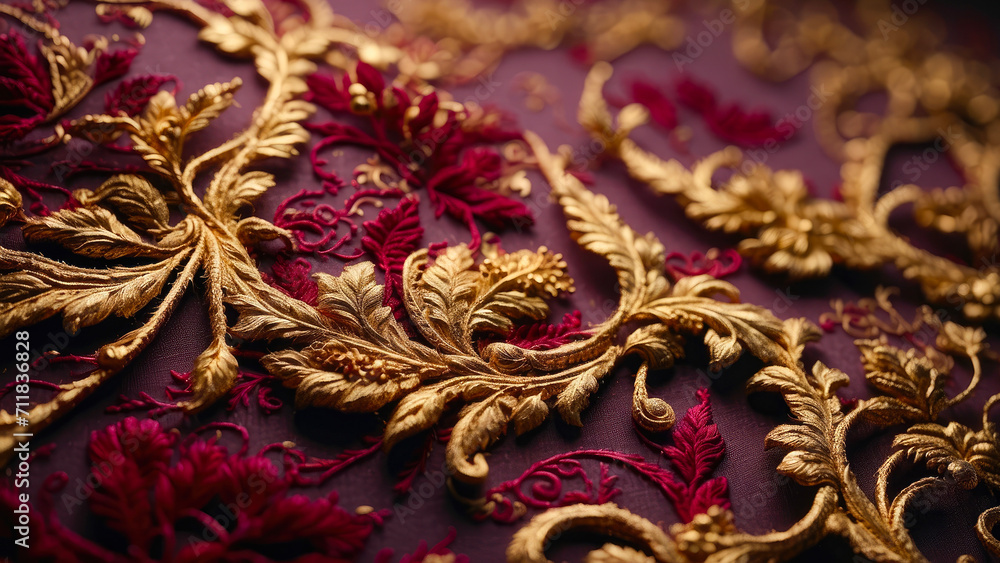 background of red raw canvas fabric with golden embroidered arabesques folded into sinuous curves background of red raw canvas fabric with golden embroidered arabesques folded into sinuous curves