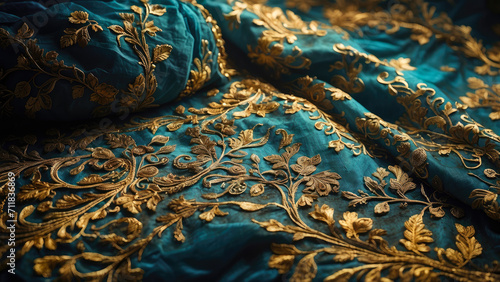 background of blue raw canvas fabric with golden embroidered arabesques folded into sinuous curves
