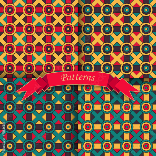 Four variants of the pattern with an original multi-colored composition. The palette includes yellow, red and green. Vector set