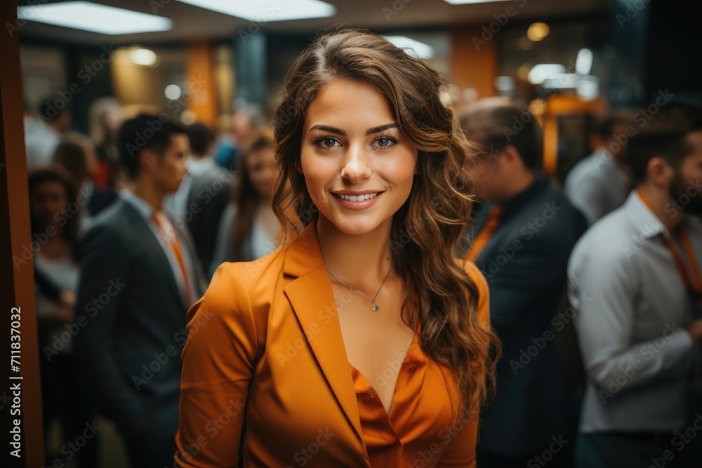 A vibrant woman, donning an orange suit, stands confidently indoors with a smile on her human face, showcasing her layered hair and stylish clothing