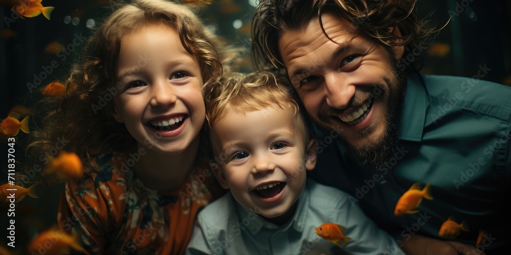 A joyful family portrait captures the pure innocence and infectious laughter of a toddler, a young girl, and a baby, all dressed in colorful clothing and beaming with happiness
