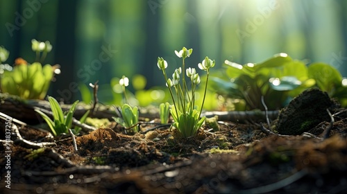 A close-up view of a small green plant sprouting from the earth, showcasing growth and renewal in nature 