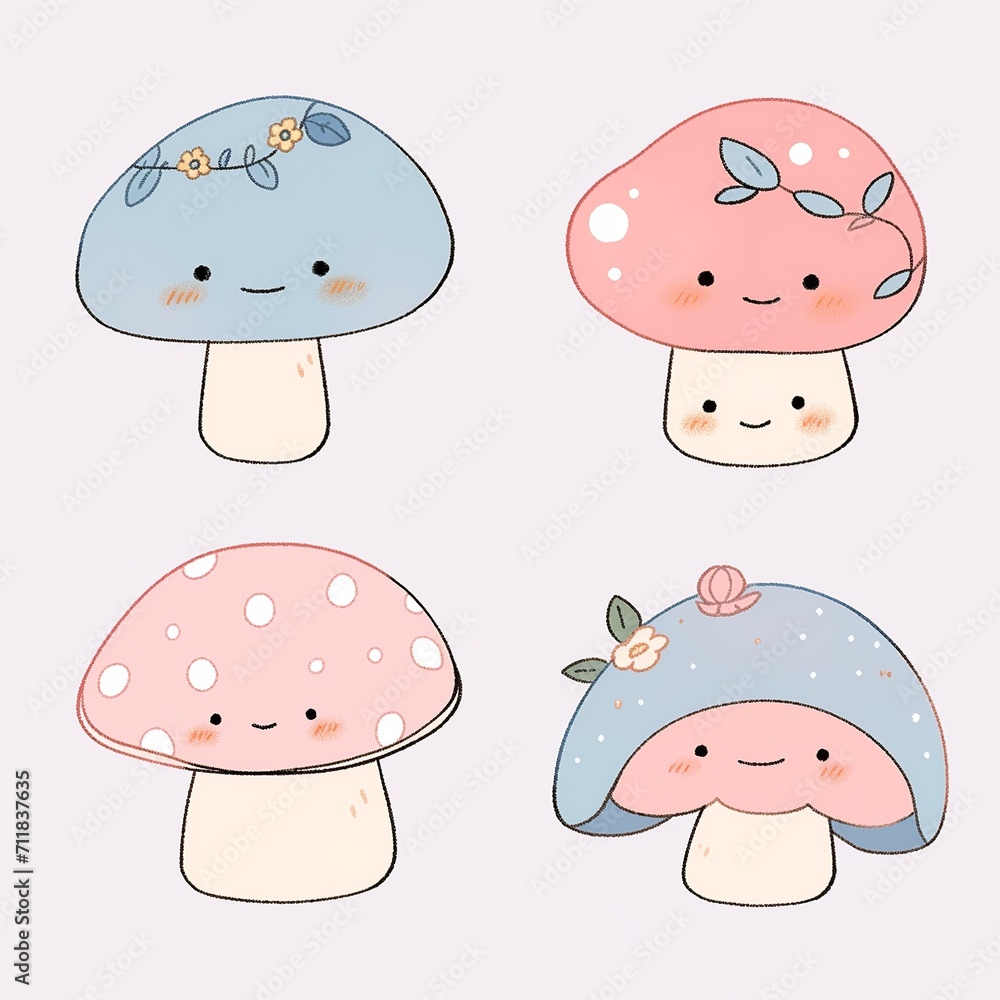 Cute Cartoon Mushrooms with Playful Expressions Cute Cartoon Mushrooms with Playful Expressions