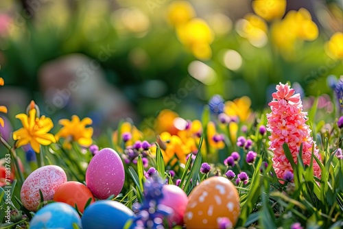 A colorful Easter egg hunt in a garden filled with blooming flowers