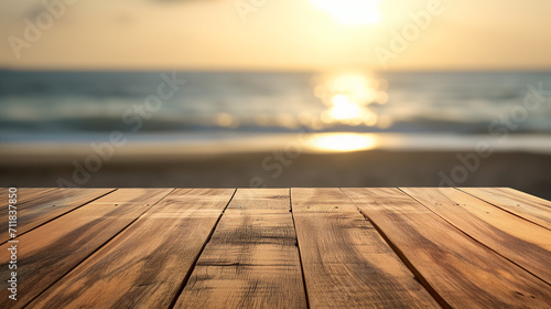 long wooden table with beach landscape blur background