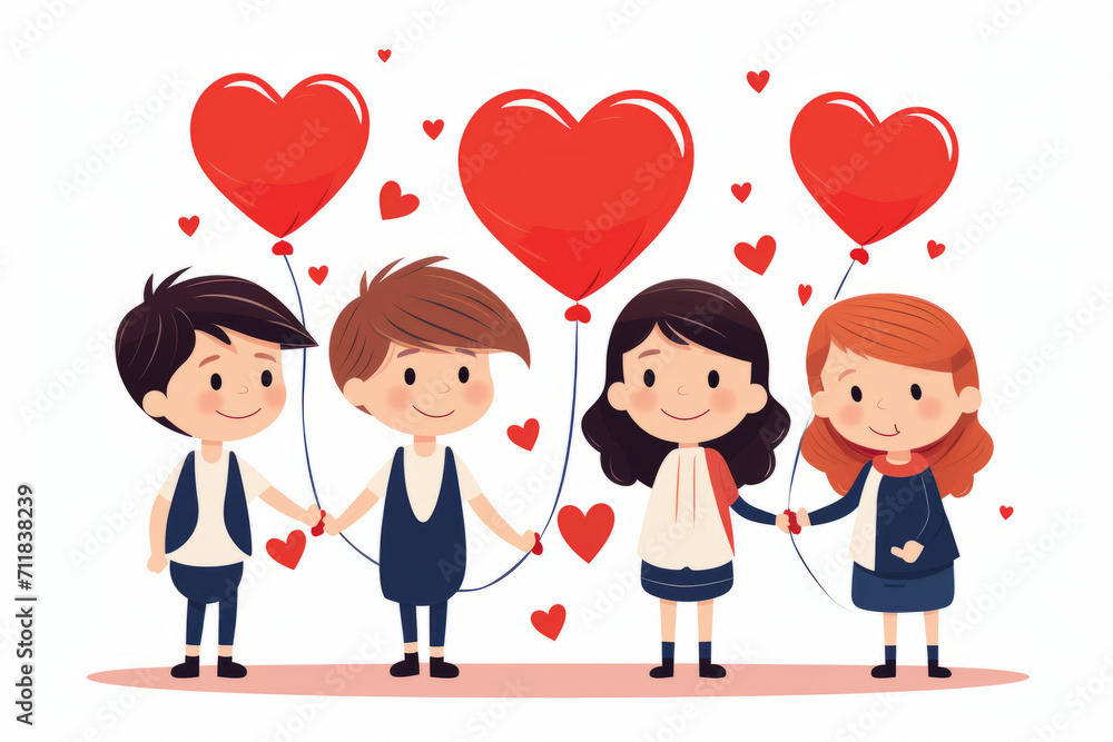 Children with Valentine's Day hearts, simple flat vector illustration, white background ,generative ai Children with Valentine's Day hearts, simple flat vector illustration, white background ,generative ai