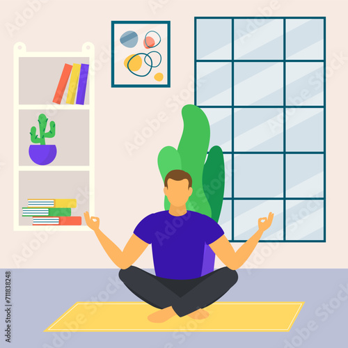 Man meditating in living room. Male practicing yoga with serene face. Indoor relaxation and mindfulness vector illustration.