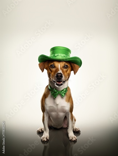 Cute puppy in a green hat on a light background. A postcard for St. Patrick's Day. Advertising of a pet store or veterinary service © StasySin