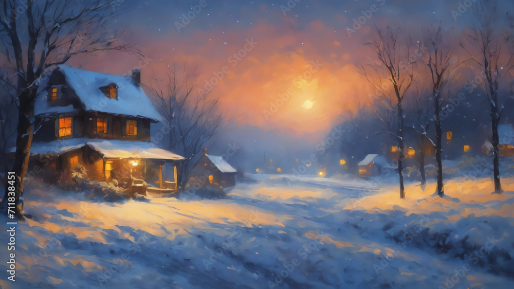 Tee shirt design Snowy midnight scene in winter. impressionist style