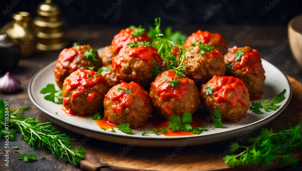 Delicious appetizing meatballs in tomato sauce on the table snack Delicious appetizing meatballs in tomato sauce on the table snack
