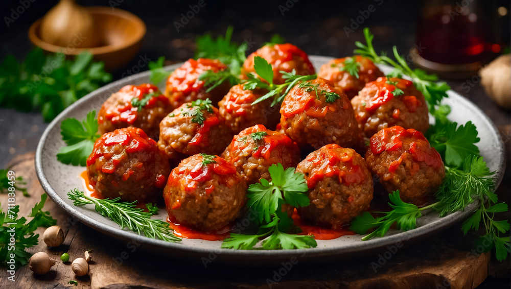 Delicious appetizing meatballs in tomato sauce on the table gourmet Delicious appetizing meatballs in tomato sauce on the table gourmet