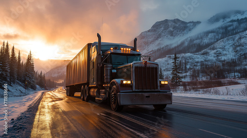 Blue semi on frosty highway at golden hour, showcasing scenic winter transport, durable freight logistics, and the beauty of dawn in the wilderness