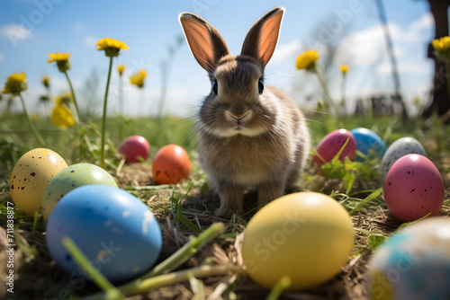 Easter bunny in the field with colored Easter eggs