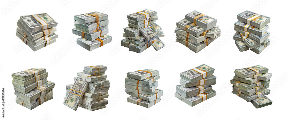 Collection of money pile of packs of hundred dollar bills stacks isolated on transparent background. - obrazy, fototapety, plakaty 