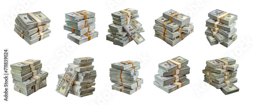 Collection of money pile of packs of hundred dollar bills stacks isolated on transparent background. photo
