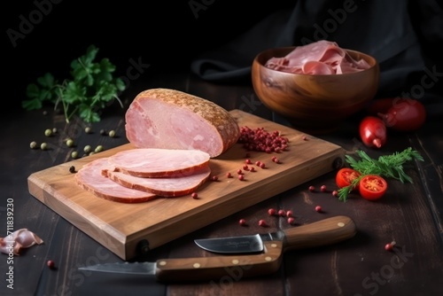 cutting salami with knife, ham and salami, salami and vegetables