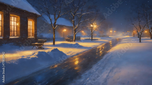 Tee shirt design Snowy midnight scene in winter. impressionist style © Muhammad