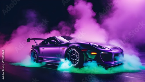 Drifting car on dark black background with smoke. Supercar in motion. Generative AI.