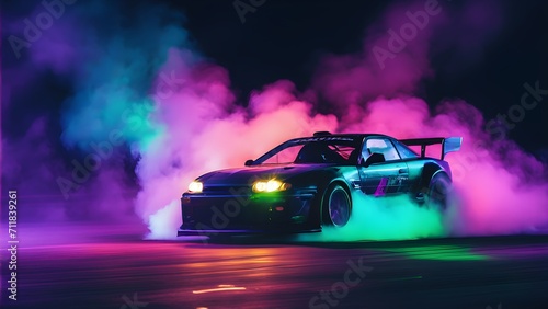 Drifting car on dark black background with smoke. Supercar in motion. Generative AI. photo