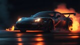 Drifting car on dark black background with smoke. Supercar in motion. Generative AI.