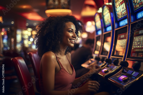 Black woman playing slot machines in a casino