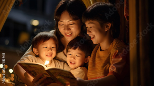 the love of a young family reading a fairy tale to their children