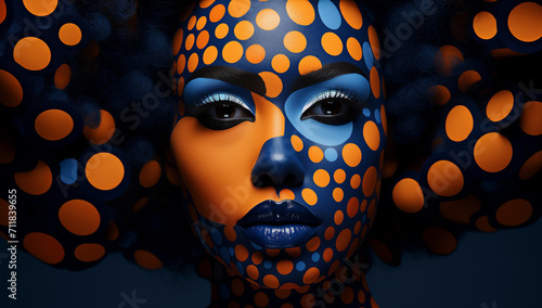 Beautiful fashion woman with her face painted in blue and orange