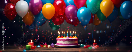 birthday party decoration birthday, cake, balloon, party, celebration, gift, illustration, vector, balloons, candle, holiday, decoration, card, food, sweet, ribbon, fun Generative AI  photo