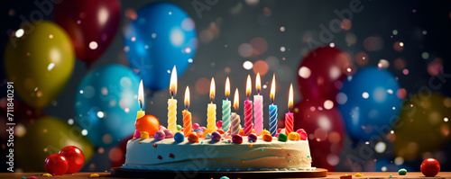 birthday cake with candles and confetti birthday, cake, candle, celebration, party, food, dessert, sweet, happy, chocolate, vector, illustration, candles, flame, holiday, decoration Generative AI  photo
