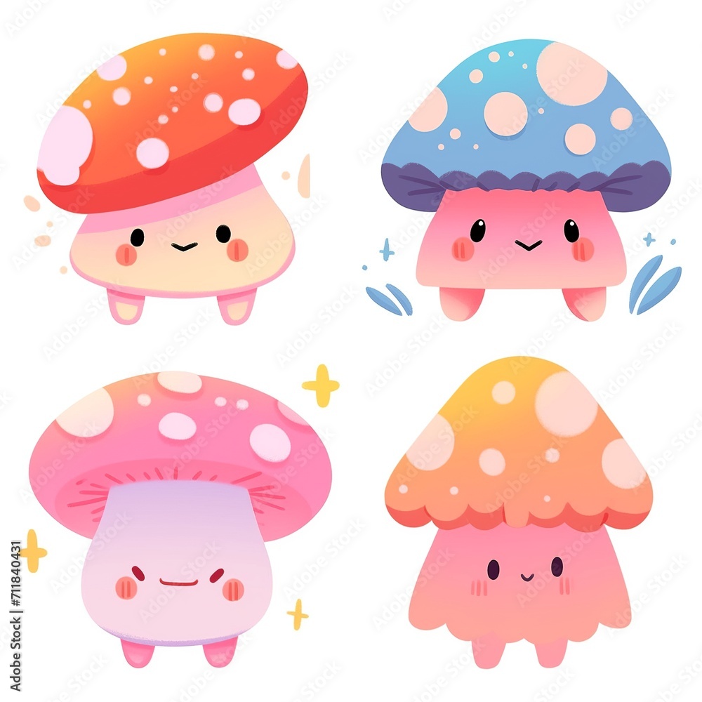 Cute Cartoon Mushrooms with Playful Expressions Cute Cartoon Mushrooms with Playful Expressions