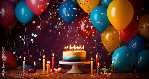 birthday party decoration birthday, balloon, party, celebration, balloons, gift, holiday, vector, decoration, happy, card, confetti, illustration, cake, fun, anniversary Generative AI 