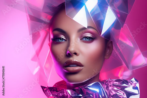 Sculptural Radiance: Alluring Portrait of a Woman Amidst Shimmering Holographic Crystals