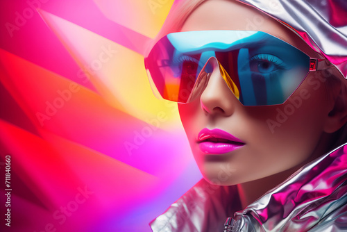 Neon Dreams: Edgy Model in Chromatic Sunglasses with a Glossy Metallic Jacket Against a Dynamic Multicolored Backdrop