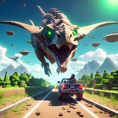 Rollo Minecraft Ausserirdische entführen Dinosaurier im Würfelstil  © Janis