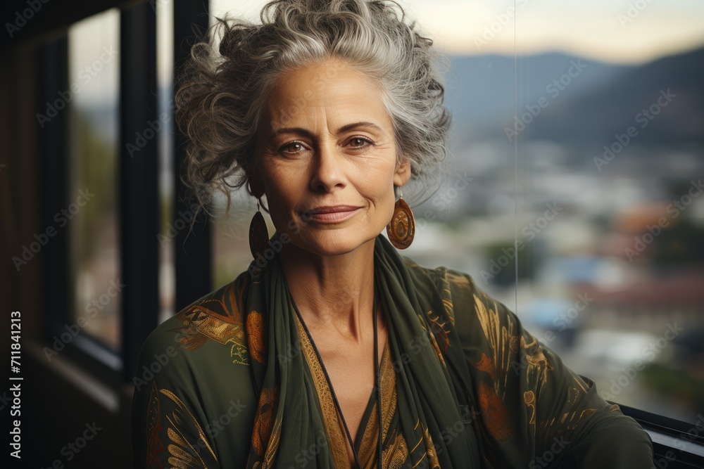 A vibrant lady with a smile as bright as her green scarf, radiating joy and confidence through her grey hair as she poses for a stunning outdoor portrait