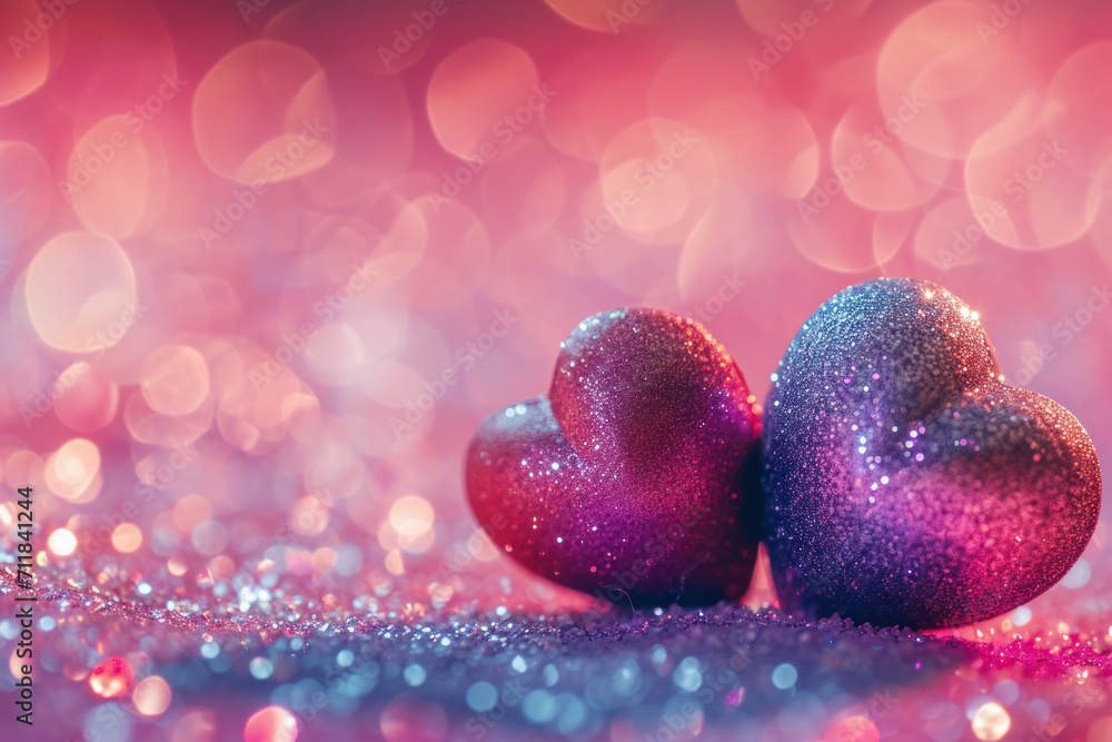 Fototapeta premium Two hearts on a purple blurred and bokeh background Ai generative