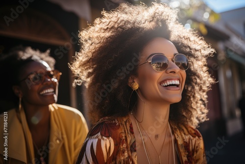 A stylish woman with a contagious smile and trendy sunglasses shows off her jheri curl while walking down the street, exuding confidence and fashion-forwardness © familymedia