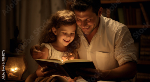 happy family reading book at home