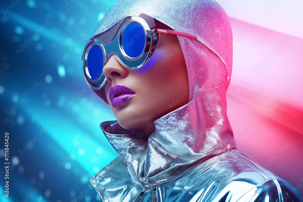 Cybernetic Chic: Woman in Silver Hood and Futuristic Blue Goggles Cybernetic Chic: Woman in Silver Hood and Futuristic Blue Goggles