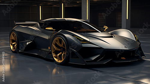 the luxury one of one, modern futuristic supercar in full matte carbon black with golden accents. racing at top speed, incorporating elements that reflect sophistication and automotive elegance couple