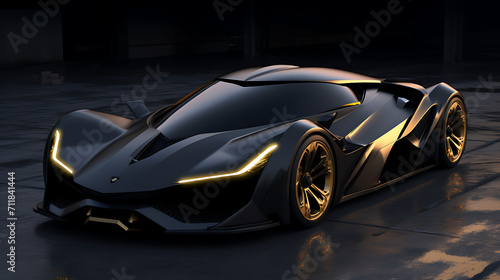 the luxury one of one, modern futuristic supercar in full matte carbon black with golden accents. racing at top speed, incorporating elements that reflect sophistication and automotive elegance couple © Love Mohammad