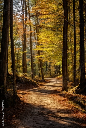 Sunlit path through a beech forest in autumn