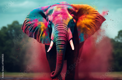 Vibrant Elephant Bursting with Colorful Powder