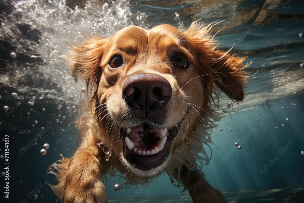 A majestic brown sporting dog gracefully glides through the underwater world, surrounded by shimmering bubbles, showcasing its natural grace and love for the water
