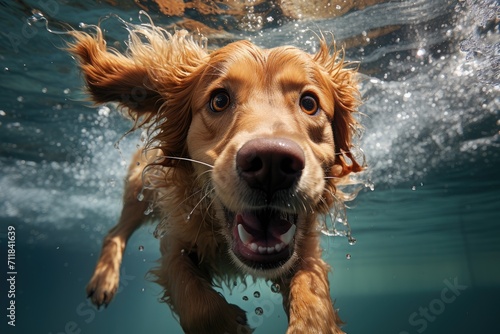A majestic canine of the sporting group gracefully glides through the clear blue waters, showcasing the innate athleticism and love for the outdoors of its brown-colored breed © familymedia